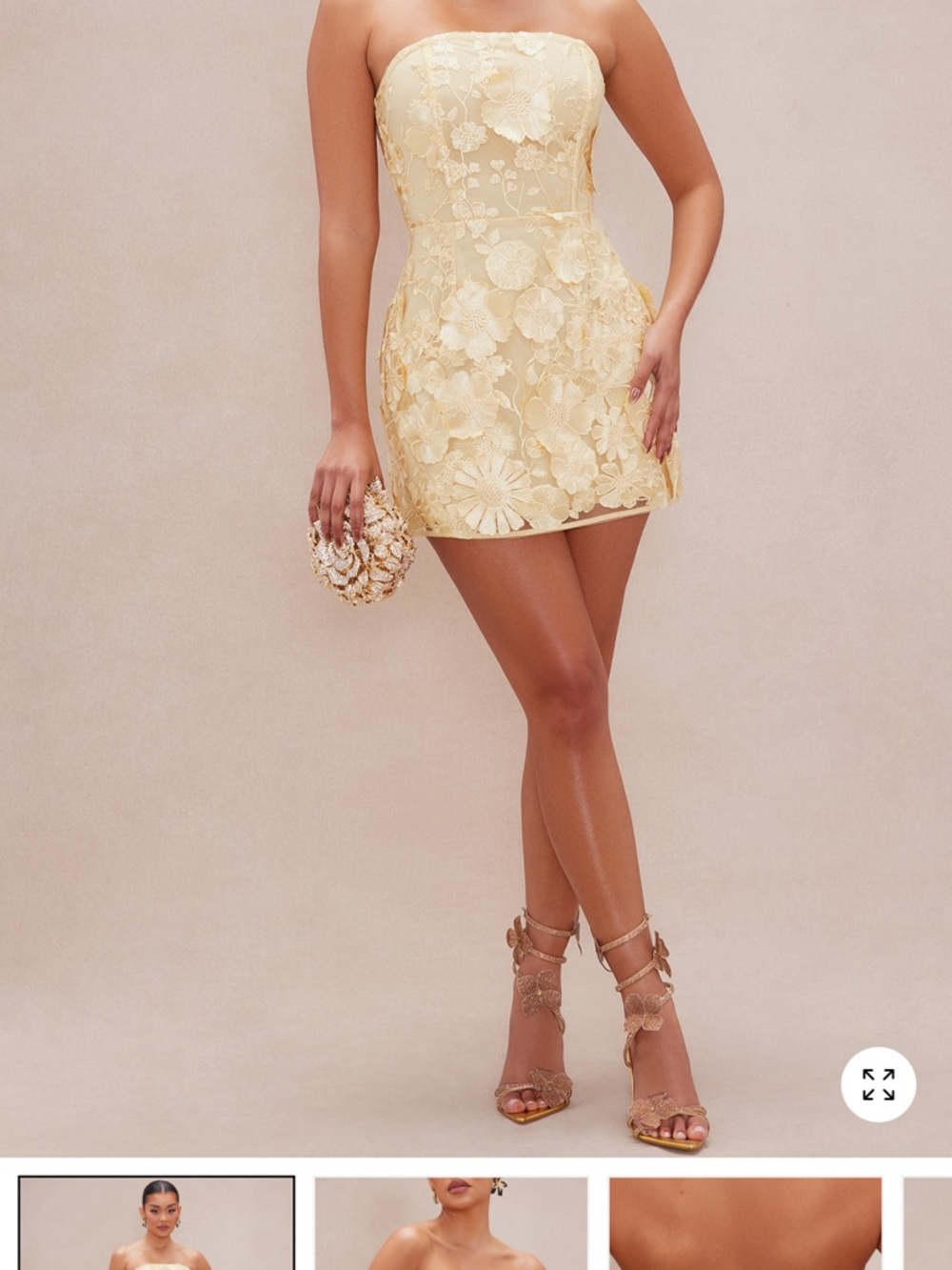 Fashion Nova Strapless Lace Floral Mini Dress in Pale Yellow